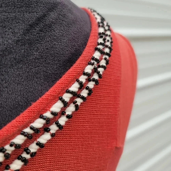 Sixes & Sevens Coral Orange Pink Beaded Embroidered Blouse Viscose Top V-Neck M - Picture 8 of 10